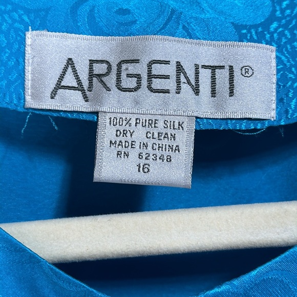 Argenti Women's Blue Floral Skirt Suit Outfit 2 Pc 100% Silk Size 16 - Picture 3 of 14